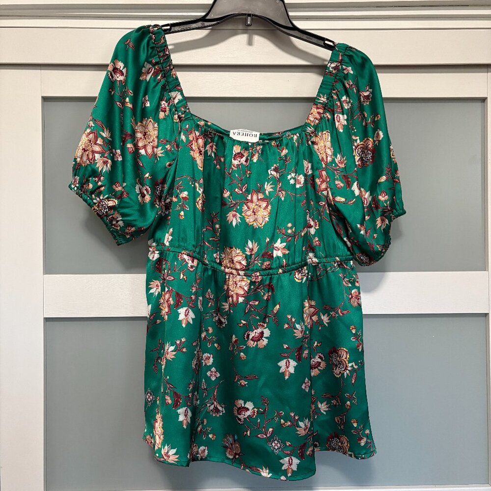 Bohera Boutique BOHO  Garden Goddess Floral Top Green Silky umpire waist sz L